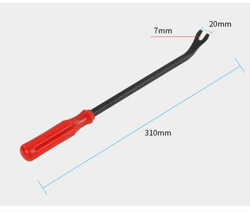 Red handle automotive door panel nailing tool for General Motors vehicles with steel construction