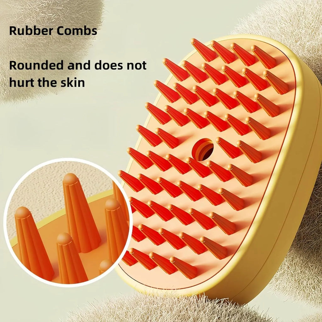 White rechargeable steam pet brush for dogs and cats with rubber comb teeth and water tank