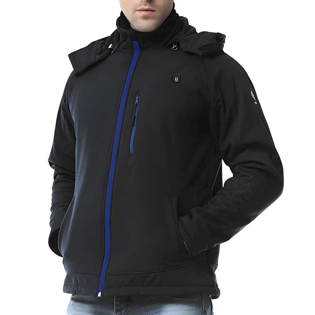 Black men's USB-heated waterproof winter coat with zip pockets on a mannequin, showing straight hem and long sleeve design.