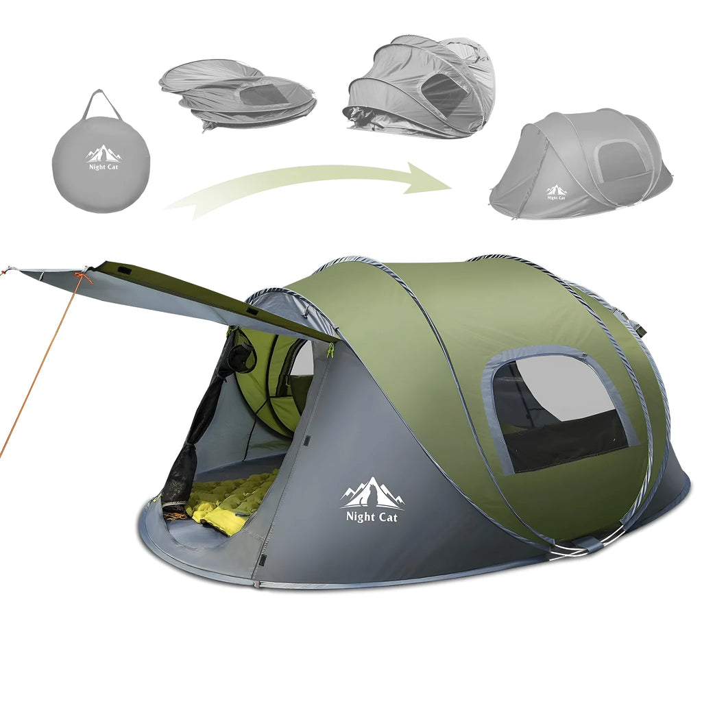 Dark green automatic camping tent for two people with dimensions 2.9m x 2m x 1.15m