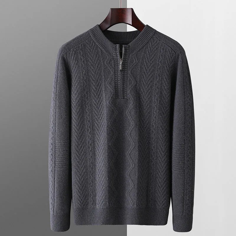 Men's diamond lattice pattern half-zip wool sweater in light camel colour showing front view