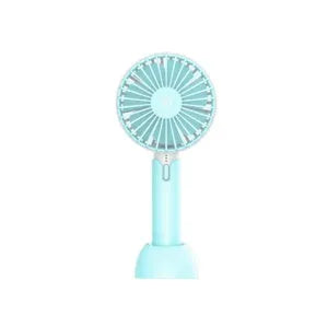 Blue mini handheld and desktop USB electric fan with oscillation on a table