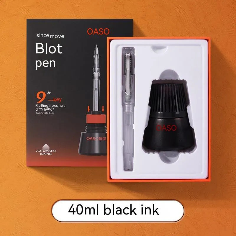 Automatic suction pen set with plastic body, two metal tip options, and a separate 40ml ink feeder tank.