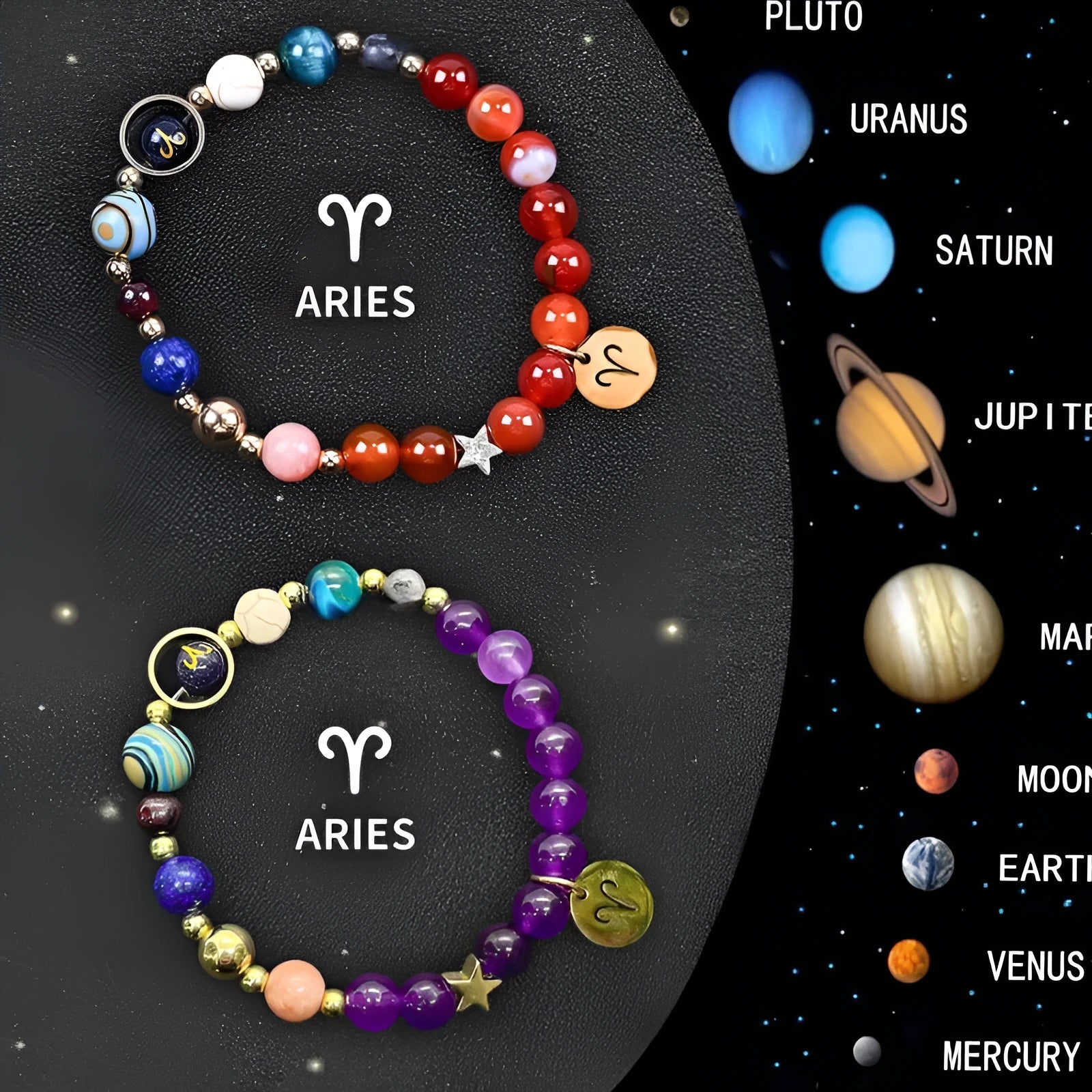 Twelve individual zodiac sign bracelets with natural stone beads and constellation charms on adjustable cords