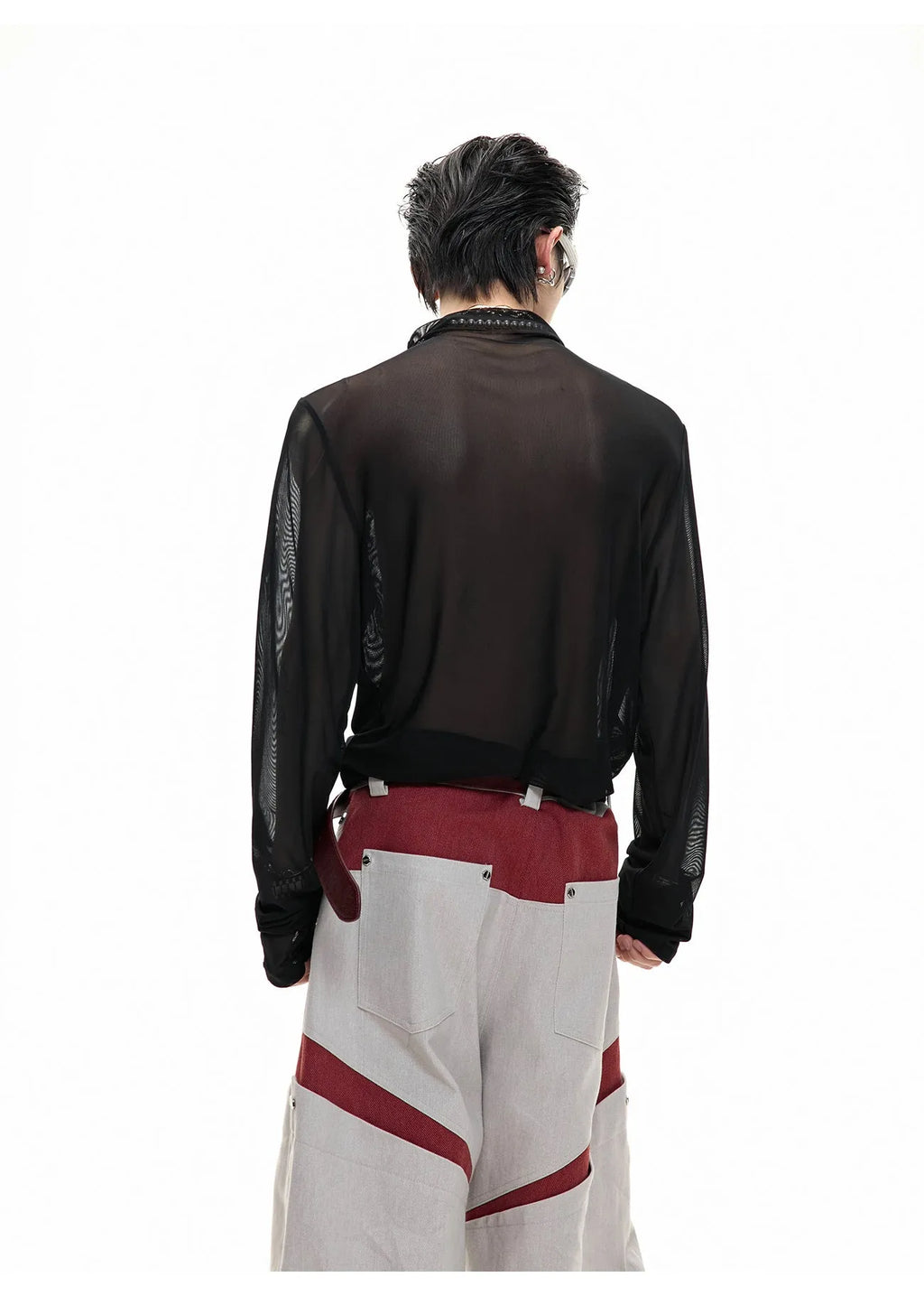 Niche mesh slim fit long sleeve shirt in black and white on a mannequin