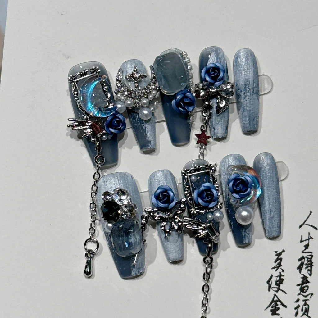 Heavy industry night blue press-on nails with ornate rose and tulip patterns in four sizes XS to L