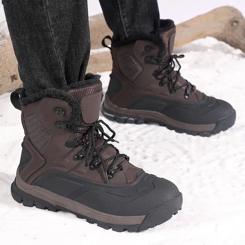Men's black high-top boots with fleece lining and lace-up front on a ribbed sole.