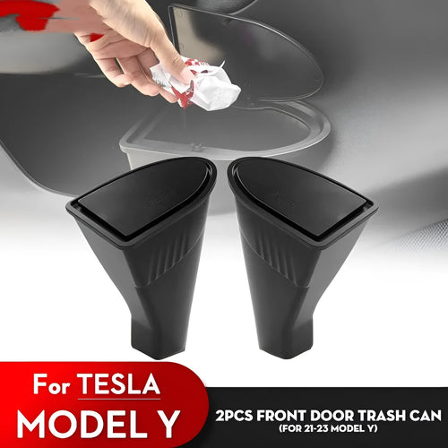 Two black ABS plastic car door trash cans for Tesla Model Y front door compartments