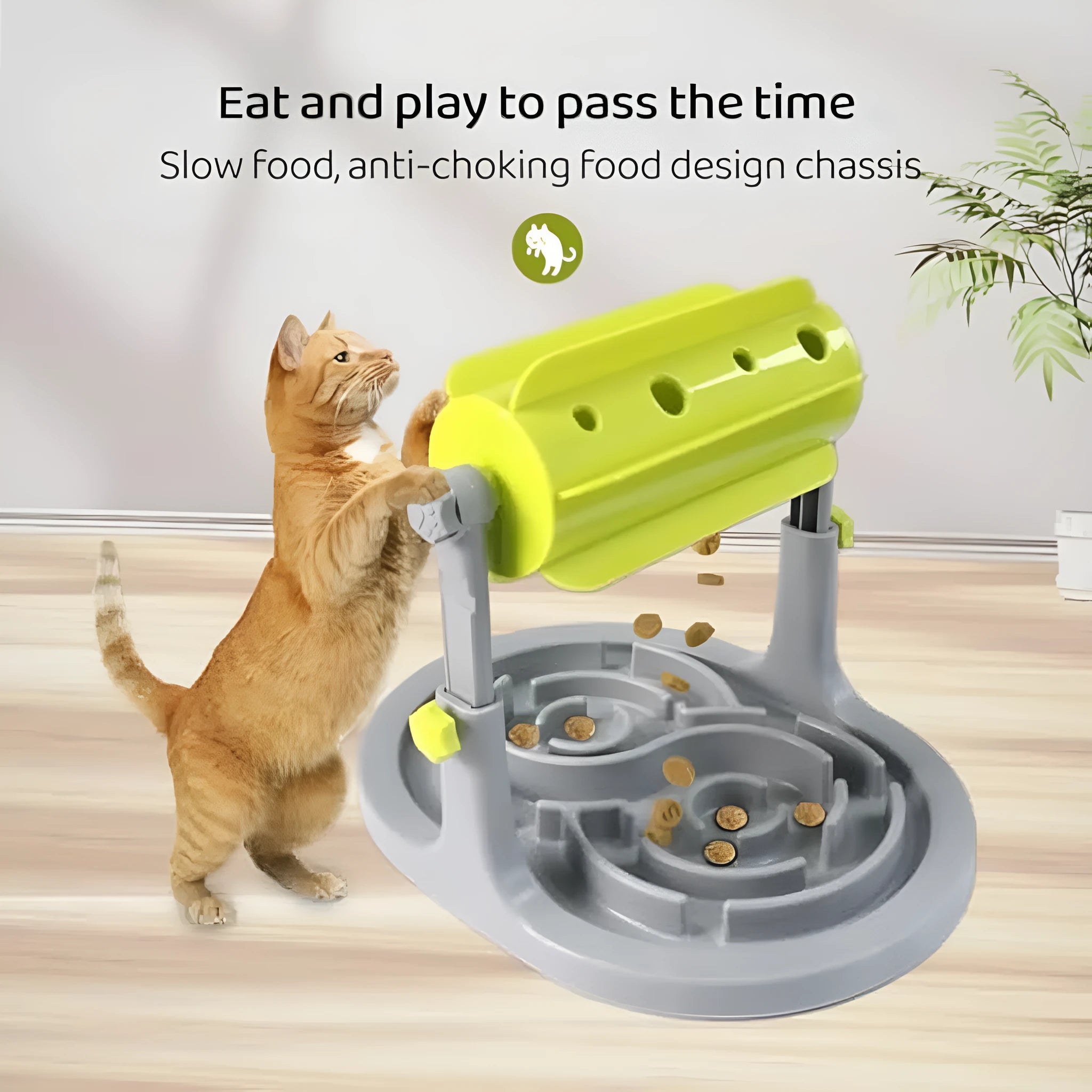 Blue interactive pet slow feeder bowl with adjustable height and puzzle design