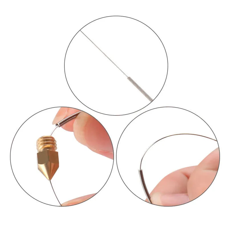 Pack of ten metal cleaning needles for maintaining Mk8 and E3D 3D printer nozzles.