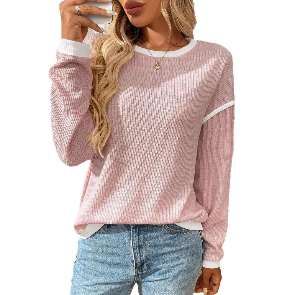 Women's loose round neck long sleeve pullover top in polyester, shown in multiple colour options.