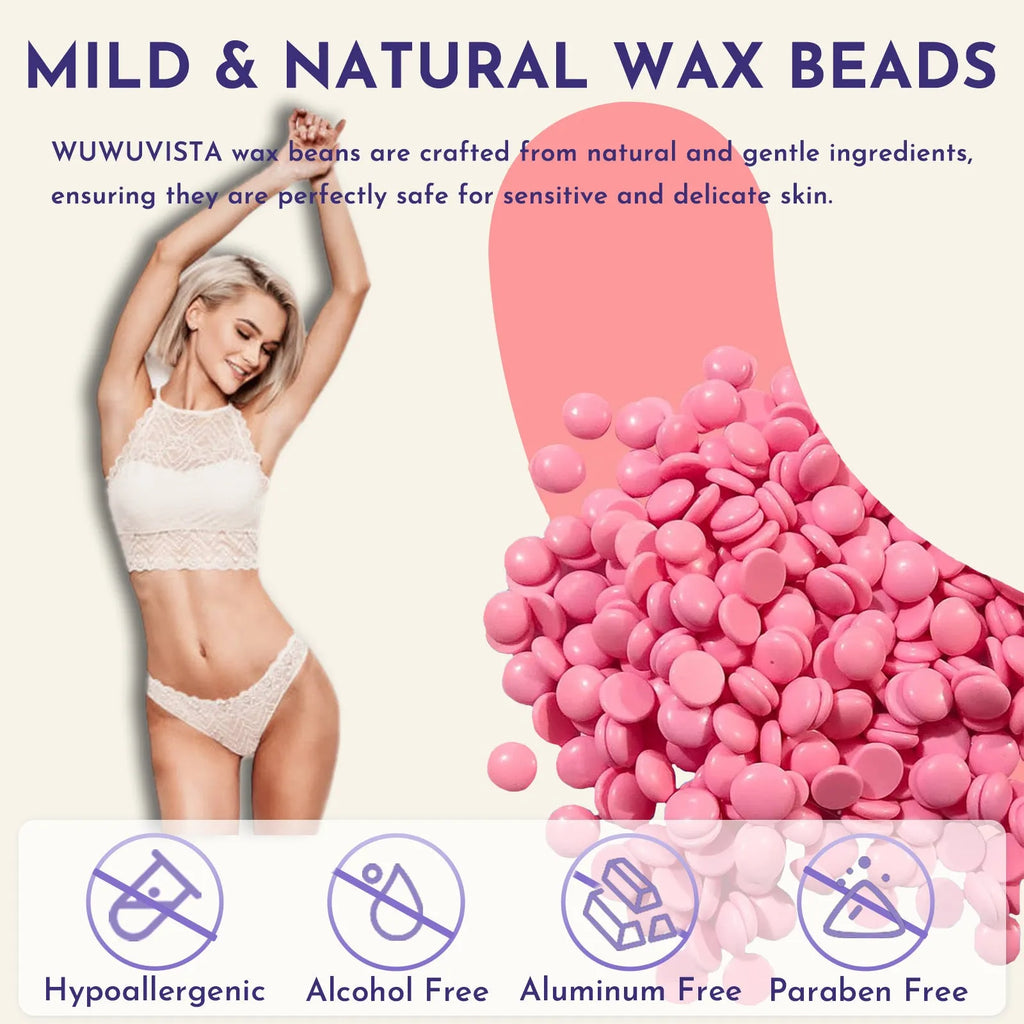 WUWUVISTA 29-piece hard wax hair removal kit with black warmer, wax beads, sticks, and aftercare products