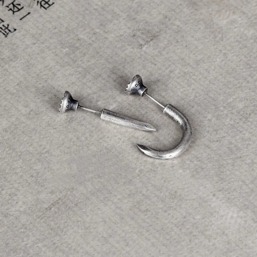 S925 Sterling Silver punk stud earrings with retro nail design in straight and curved styles