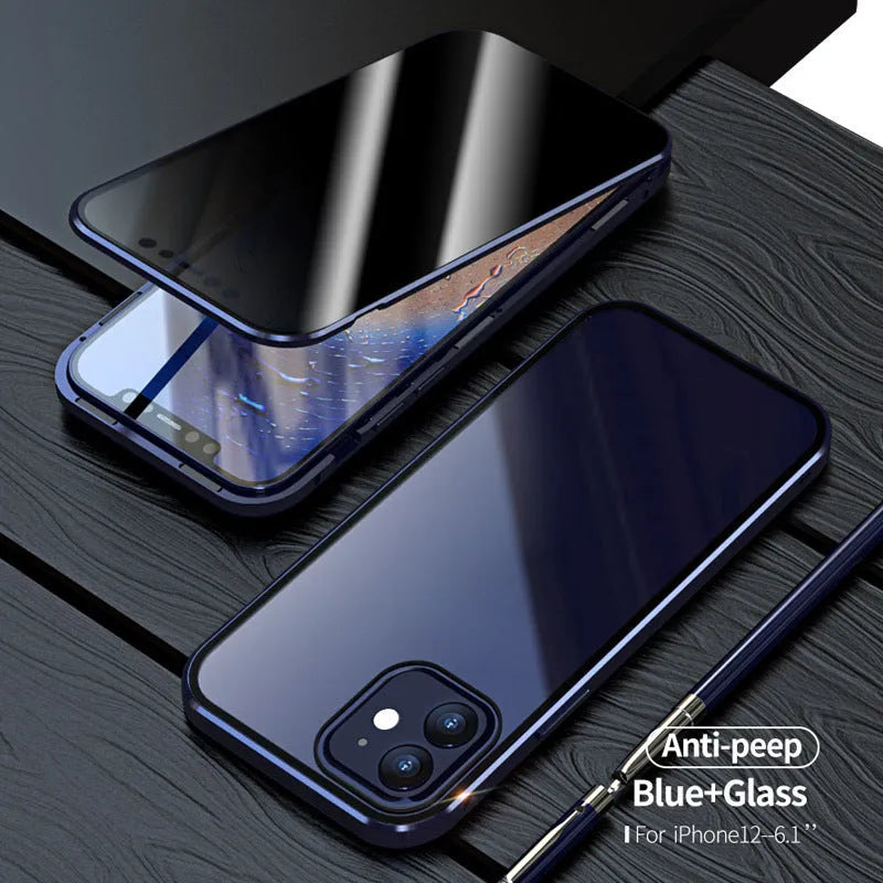 Black magnetic anti-spy tempered glass iPhone case showing privacy screen effect on iPhone 15 Pro Max.