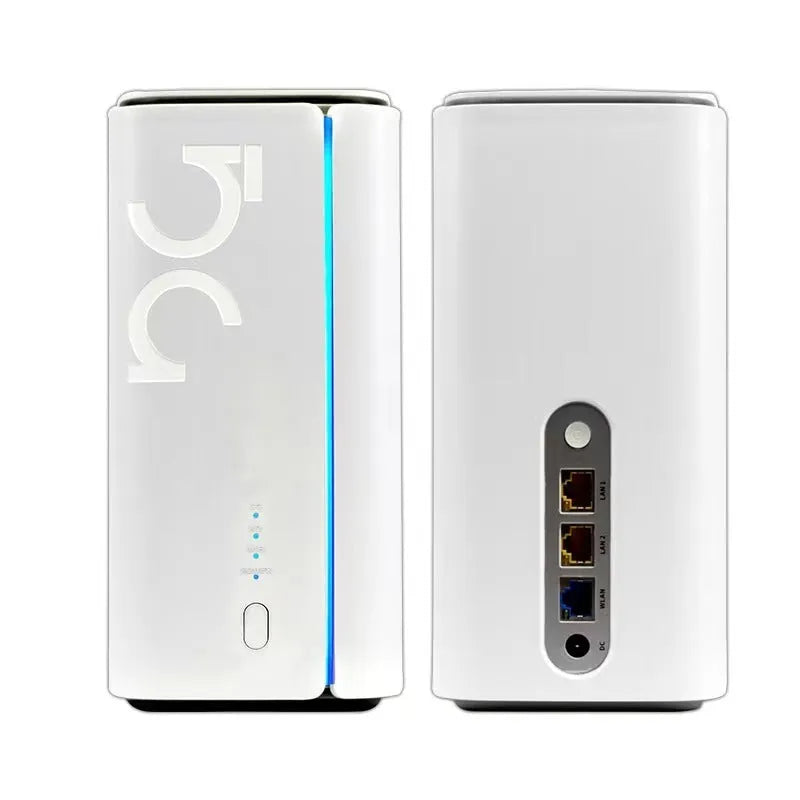 Compact black 4G CPE wireless router with data cable, shown from the front.