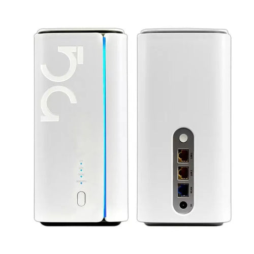 Compact black 4G CPE wireless router with data cable, shown from the front.