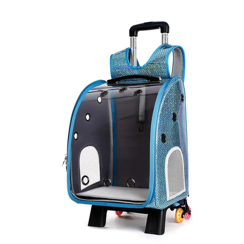 Blue transparent pet trolley bag with folding shoulder strap for small dogs and cats