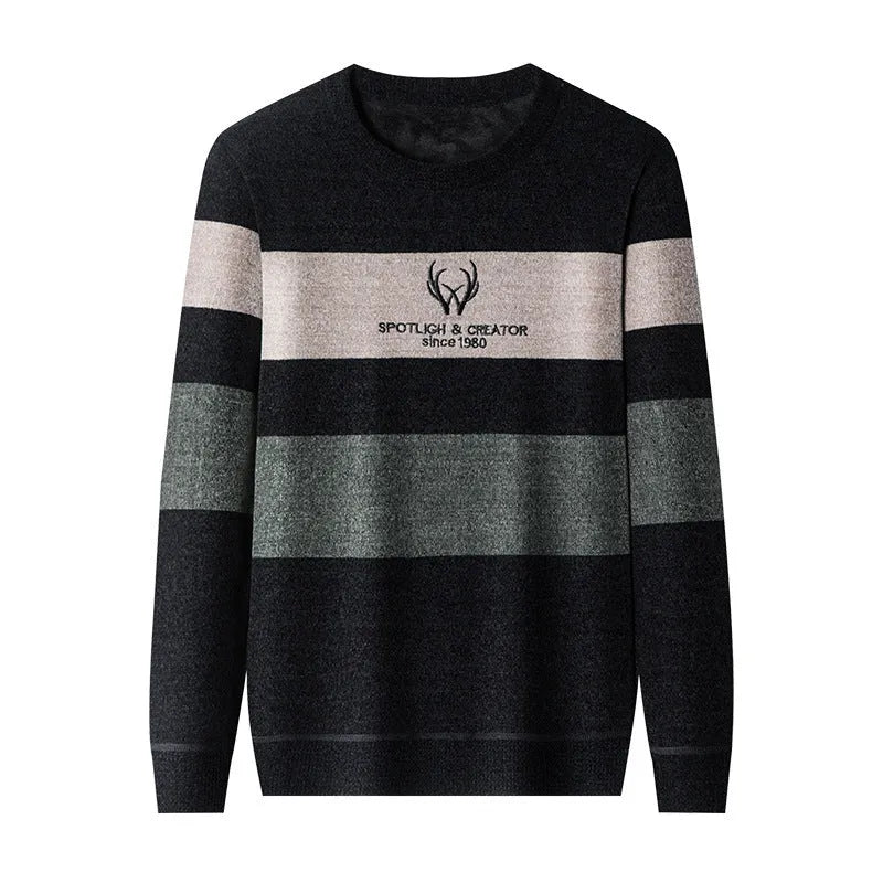 Dusted chenille men's knit sweater pullover in blue with round collar and long sleeves, fleece lined, available in sizes M to 4XL