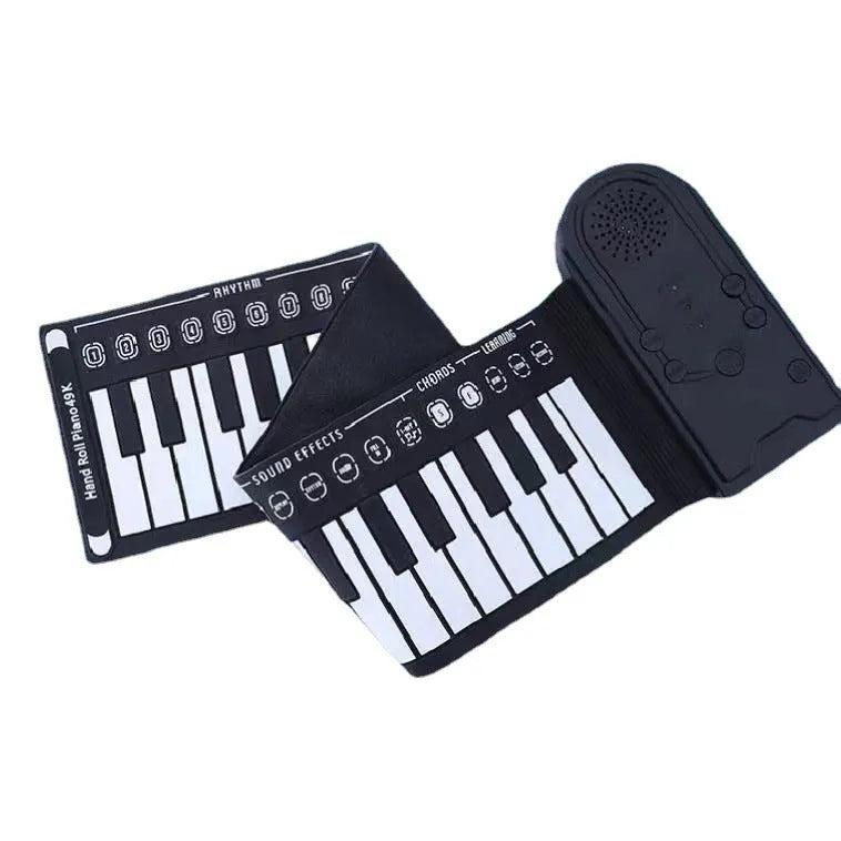 Gloss black portable folding electronic keyboard with 49 silicone keys, unfolded next to its compact folded size.