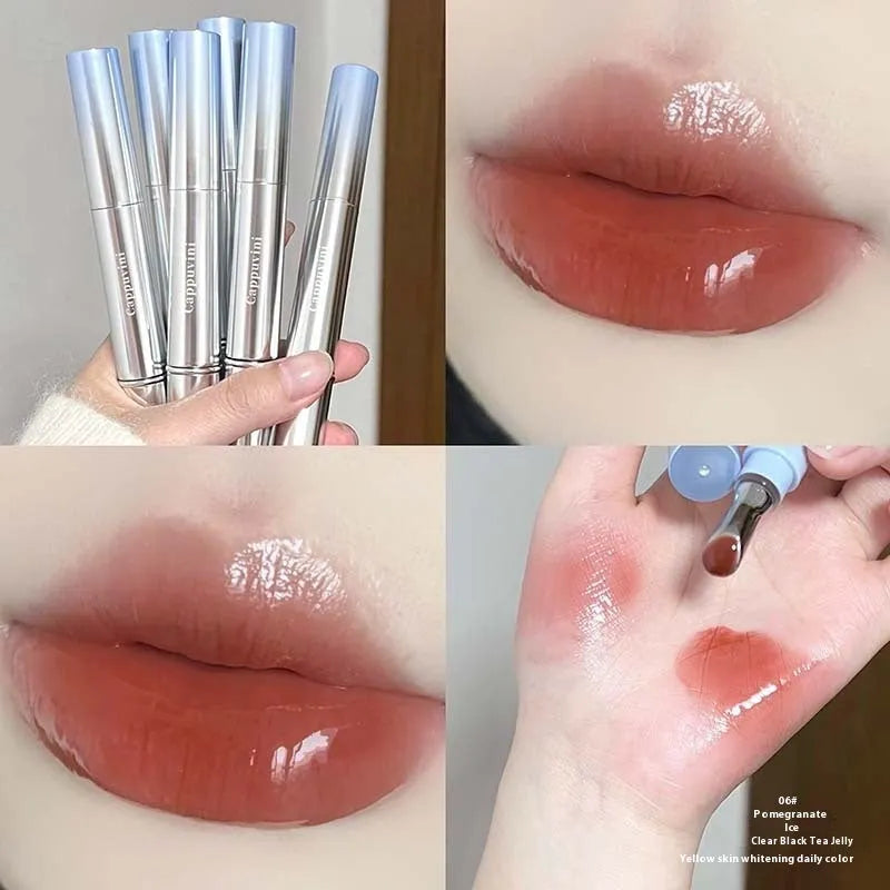 Mirror Water Light Lip Gloss Lipstick in six sheer shade options including Almond Ice and Raspberry Ice.