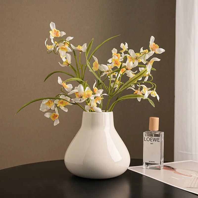 Black and white round belly ceramic decorative vase with optional artificial orchid flowers