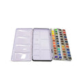Square tinplate three-fold paint box for solid watercolours, shown open with empty slots.