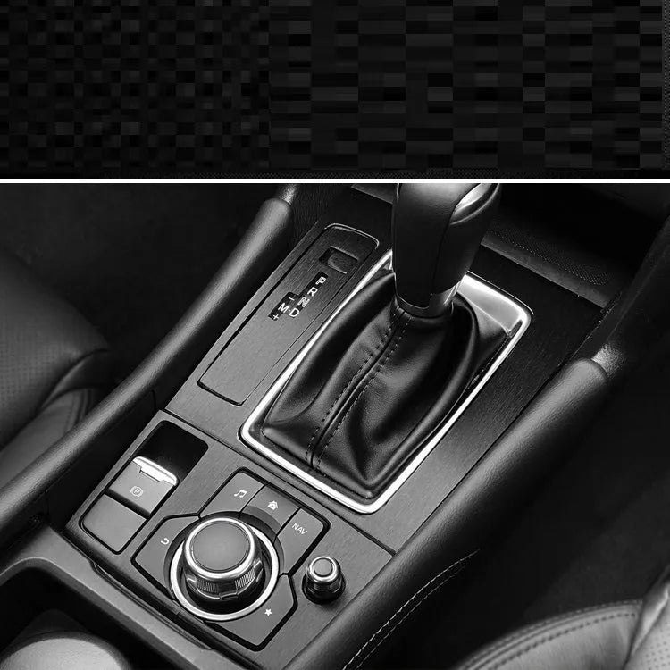 Car interior decorative sticker kit for centre console and dashboard modification with model-specific pieces