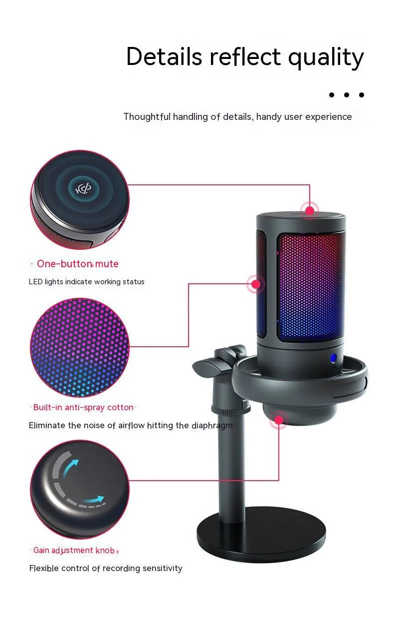 Condenser microphone with RGB lighting in black, white, or pink colours for live streaming