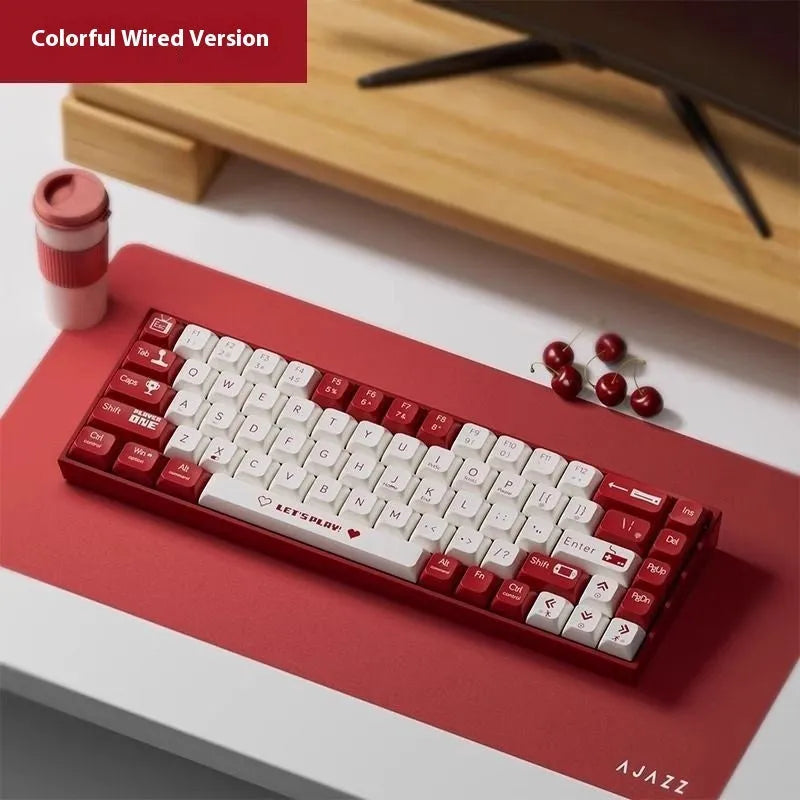 AJAZZ AK680 red and white mixed colour 68-key wired mechanical keyboard with hot-swappable switches on a desk.