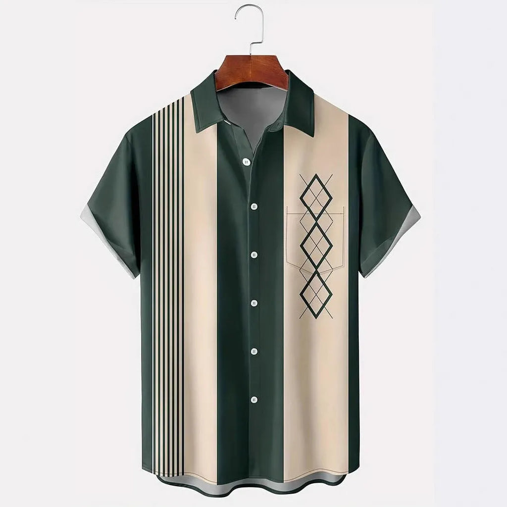 Man wearing a loose-fit plaid short-sleeved cardigan shirt with a lapel collar.