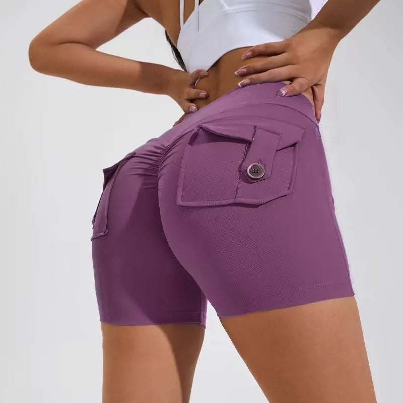 Women's high waist fitness shorts with pockets in avocado green colour for yoga and workouts