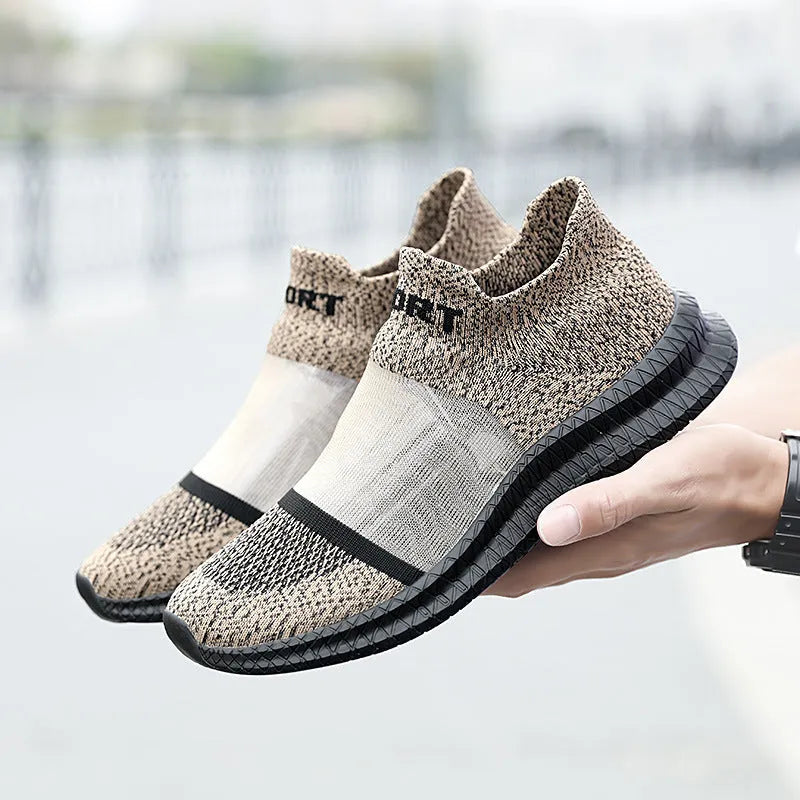 Breathable Flyknit sock shoes in khaki colour with lace-up front and low flat heel design.