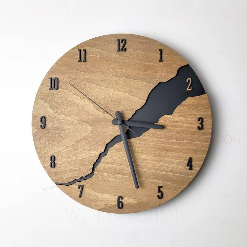 Modern wooden wall clock with cracked finish and Arabic numerals in contemporary home setting