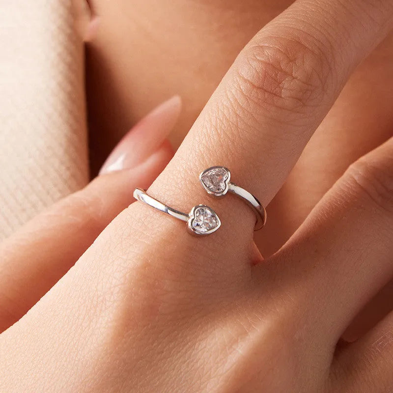S925 sterling silver double heart-shaped open ring for women Valentine gift on plain background