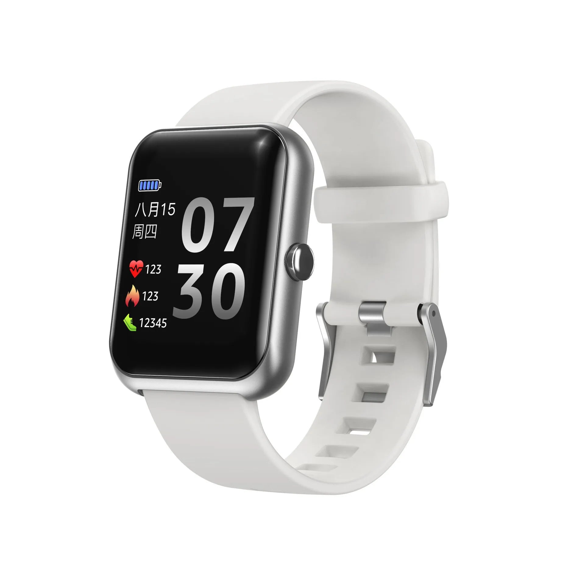 Square couple smart sports watch with a silicone strap on a wrist, showing Bluetooth connectivity.
