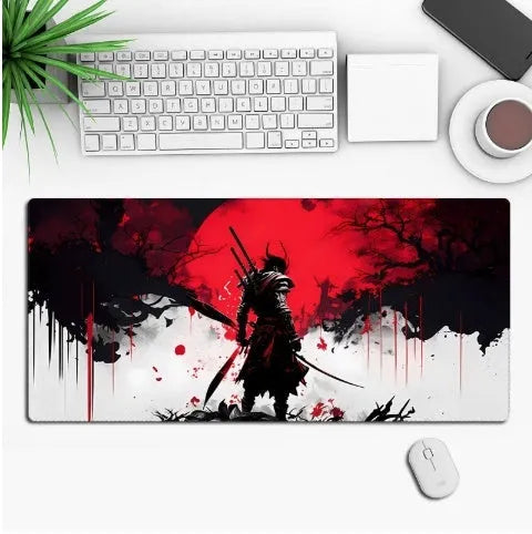 Anime-themed gaming mouse pad on a desk, showing non-slip rubber base and printed cloth surface.