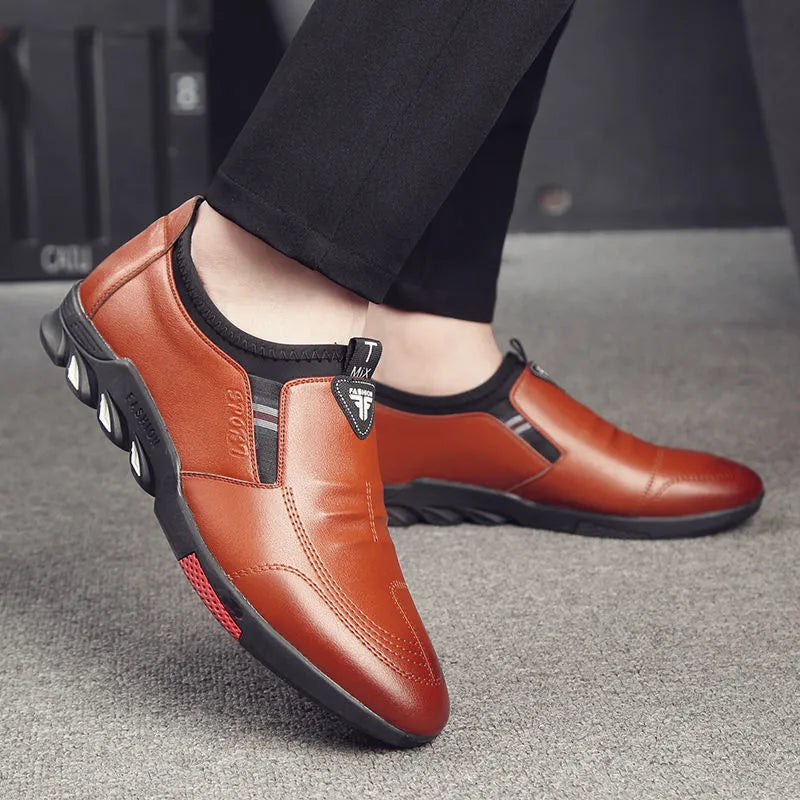 Men's black and brown PU leather business casual shoes with flat heel