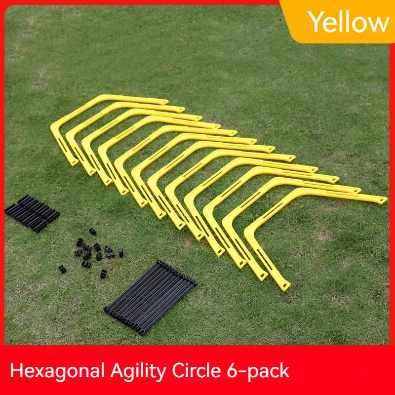 Set of six foldable hexagon football agility training rings in yellow, green, and orange colours
