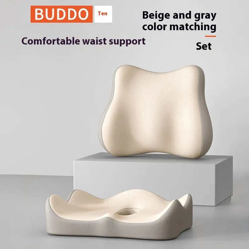 A waist rest seat cushion with memory foam filler for office use, shown in a blue and grey colour combination.