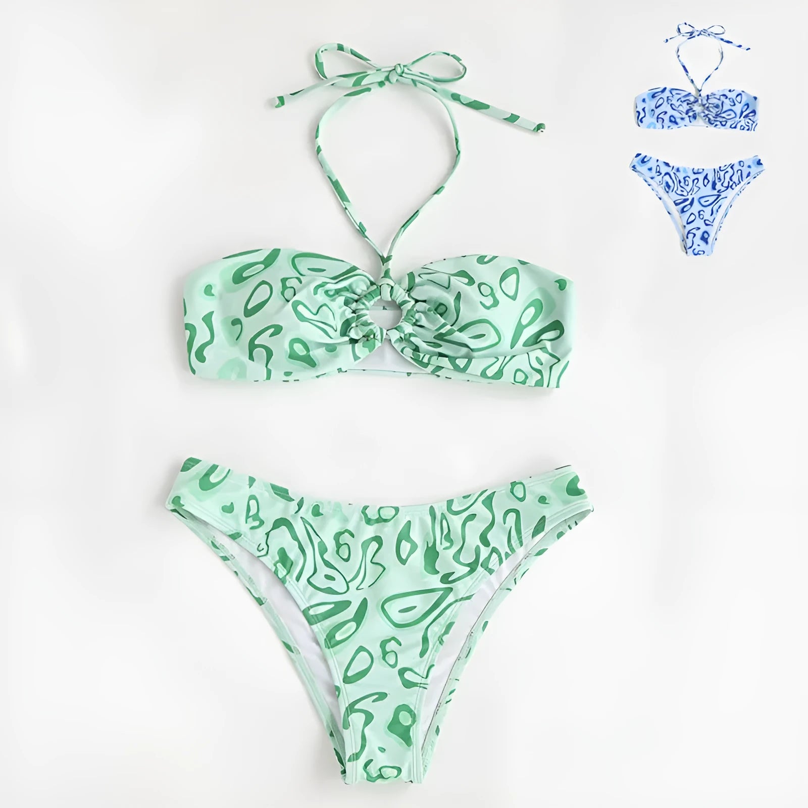 Green floral bandeau bikini swimsuit with backless design and matching briefs