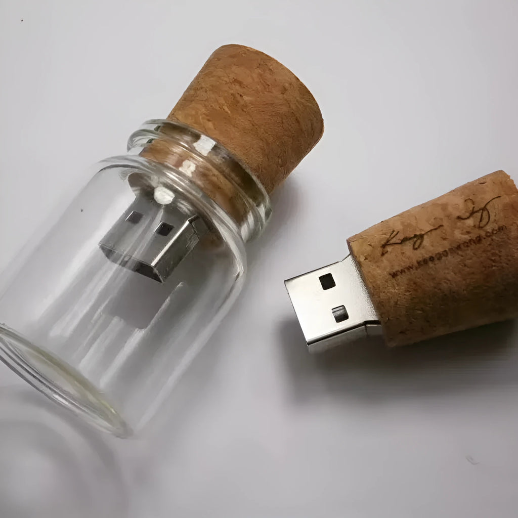Clear glass drift bottle shaped USB flash drive with a wooden cork stopper, showing dimensions.