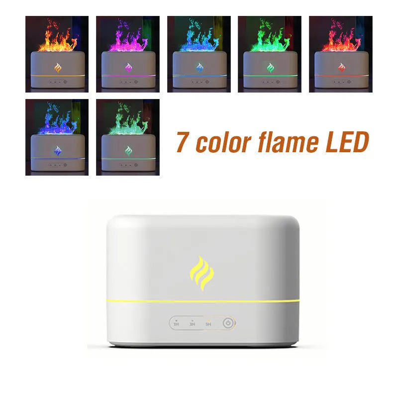 Seven-colour flame simulation aroma diffuser humidifier with USB cable on desktop