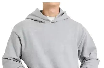 Men's grey fleece-lined cotton pullover hoodie with long sleeves on a hanger.