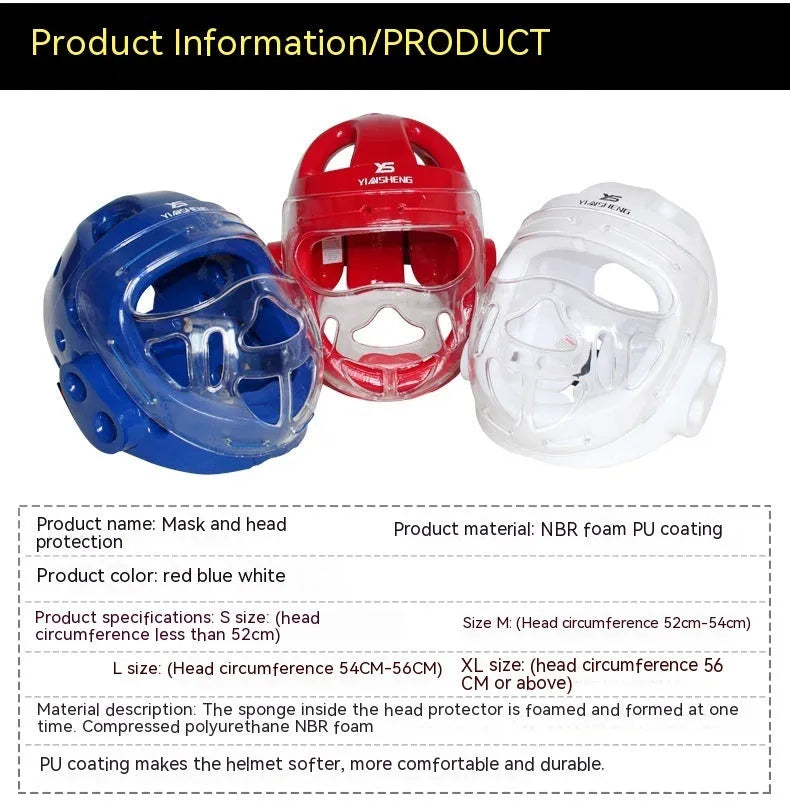 Karate helmet protective equipment in white blue red colours with S M L XL sizing for boxing head protection