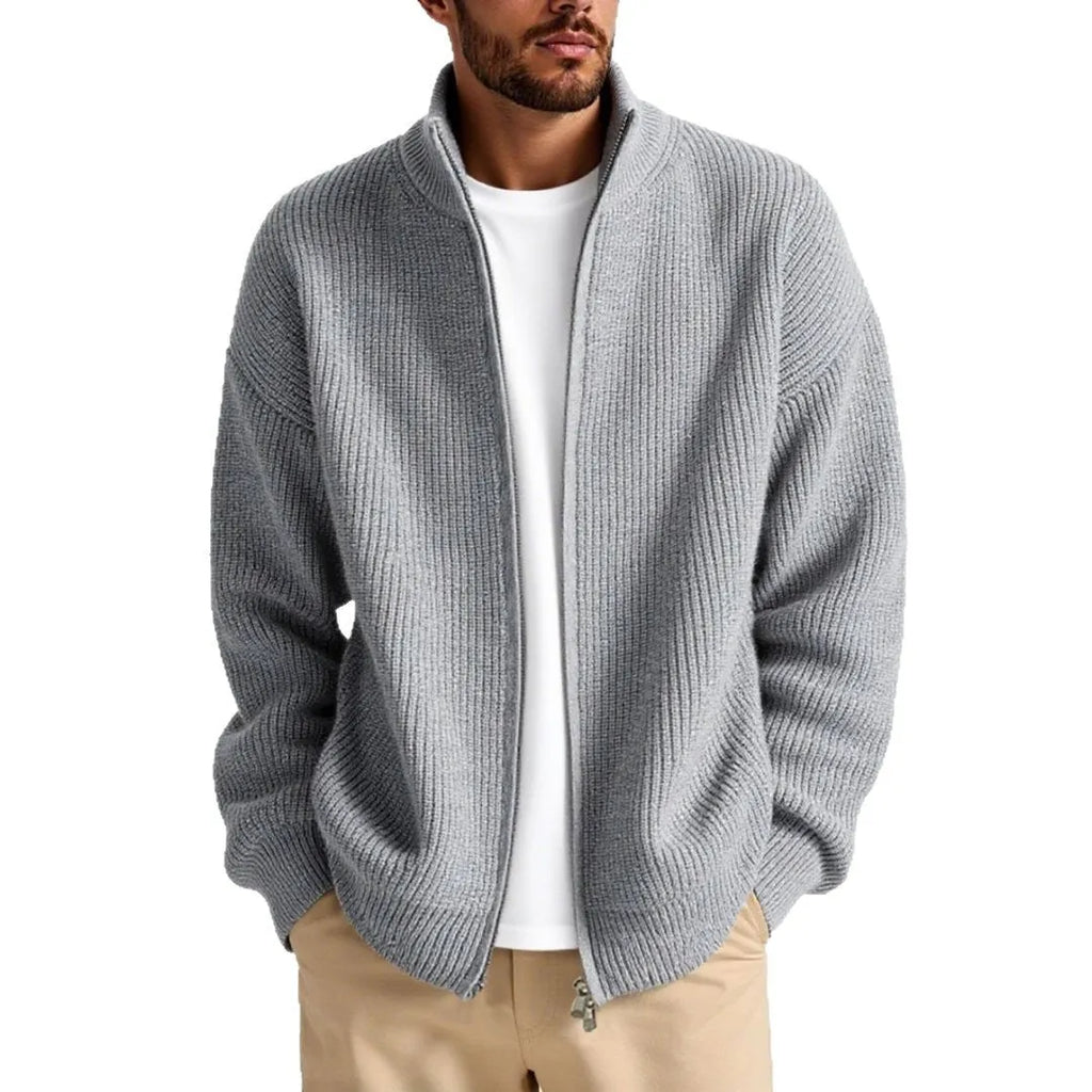 Loose-fitting men's cardigan sweater in a chemical fibre blend, shown in a neutral colour.