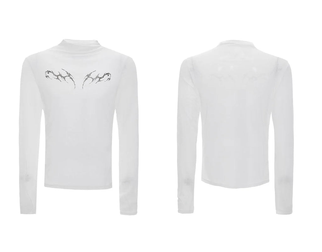 Niche mesh slim fit long sleeve shirt in black and white on a mannequin