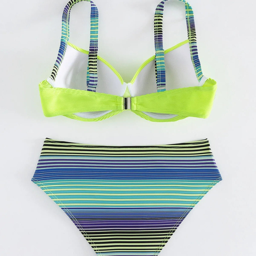 Green printed halter bikini set with matching split briefs for women