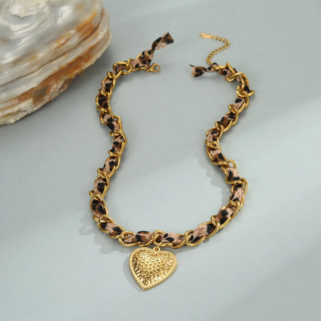 Stainless steel leopard love pendant necklace with 18K gold electroplating on adjustable chain