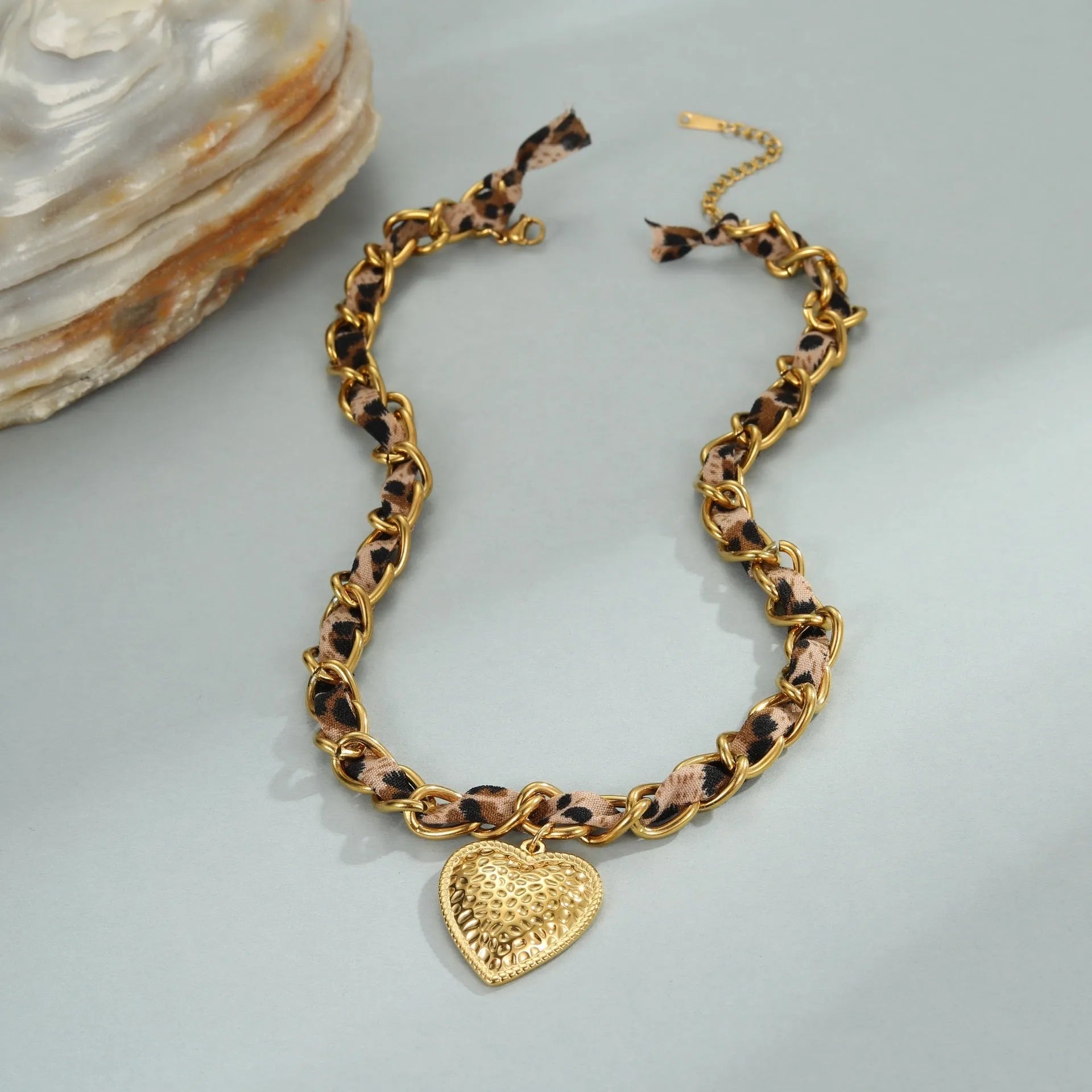 Stainless steel leopard love pendant necklace with 18K gold electroplating on adjustable chain