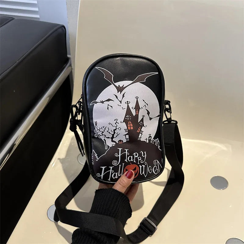 Halloween graffiti print mini crossbody bag with pumpkin ghost bat design in PU material